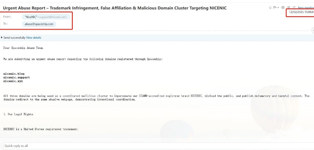 Screenshot of an urgent abuse report to Spaceship